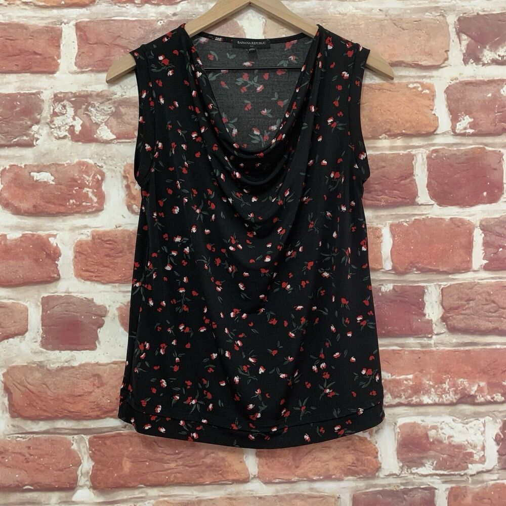 Banana Republic Top Shirt Women's XS Black Multicolor Floral Cowl Neck Popover